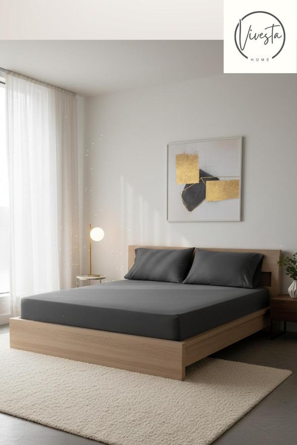 Vivesta Home 180X200 Cm Çift Kişilik Antrasit Lastikli Çarşaf Seti + 2 Adet 50X70 Yastık Kılıfı – Yumuşak Kumaş - Image 1