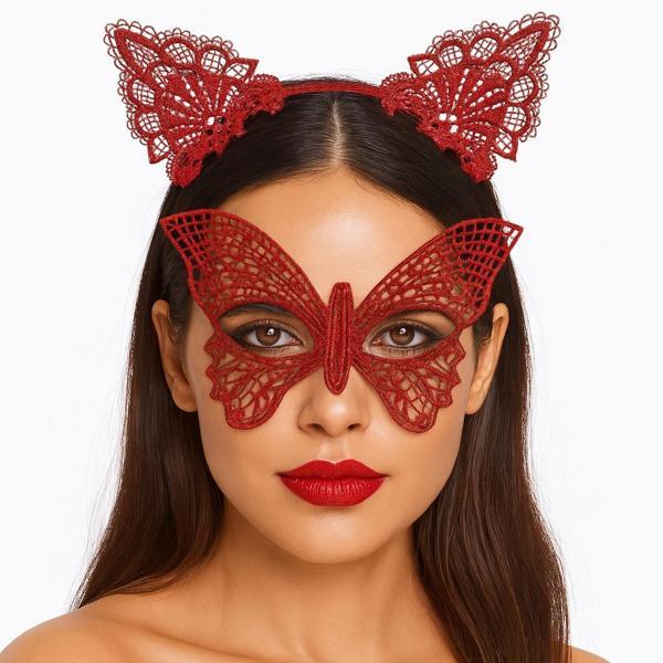 Gösterişli Kırmızı Dantel Maske ve Taç Seti 7 No – Masquerade ve Davetler için - Image 1