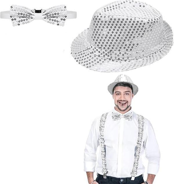 Gümüş Payetli Şapka ve Papyon Seti – Parıltılı Yetişkin Kostüm Seti - Image 1