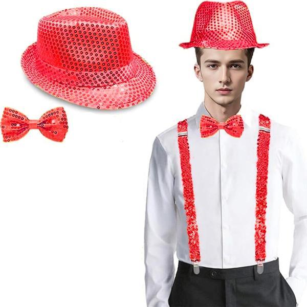 Kırmızı Payetli Şapka ve Papyon Seti – Parıltılı Yetişkin Kostüm Seti - Image 1