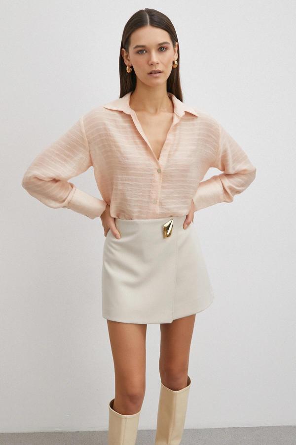 Kabartma Çizgili Gömlek Pudra - Image 1