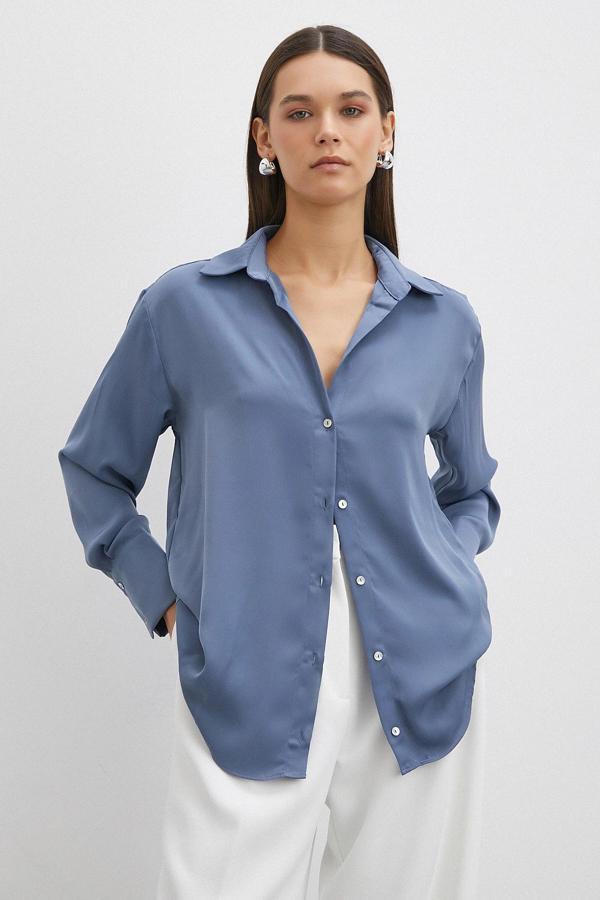 Basic Saten Gömlek İndigo - Image 1