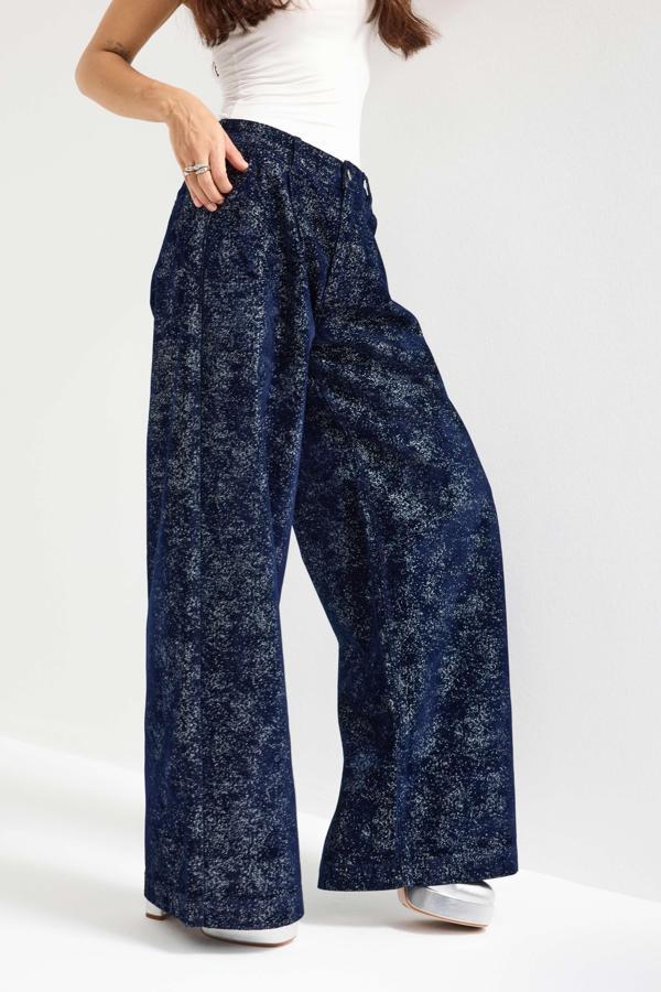 Kadın Koyu Mavi Renk 7w5-56 Midrise Wide Leg Fit Özel Kumaş Tasarım Denim Jean - Image 1