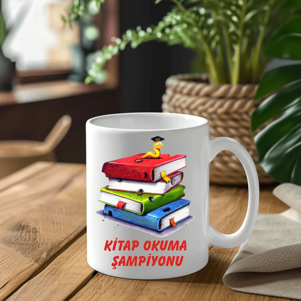 Kitap Kurdu Temalı Kişiye Özel Beyaz Kupa Bardak idbk122 - Image 1