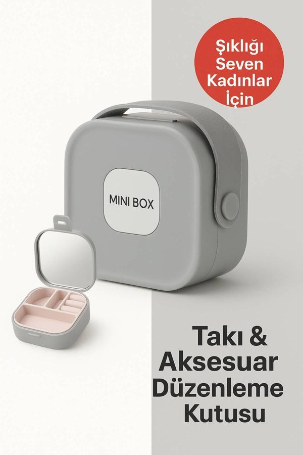 Mini Takı Kutusu Ayna ve 4 Bölmeli Seyahat Düzenleyici – Kolye, Küpe, Yüzük Saklama Kutusu Gri - Image 1
