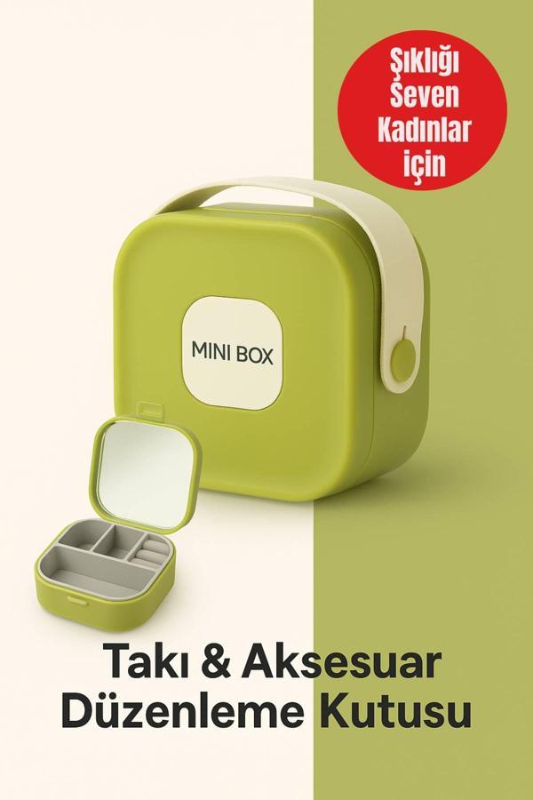 Mini Takı Kutusu Ayna ve 4 Bölmeli Seyahat Düzenleyici – Kolye, Küpe, Yüzük Saklama Kutusu Yeşil - Image 1