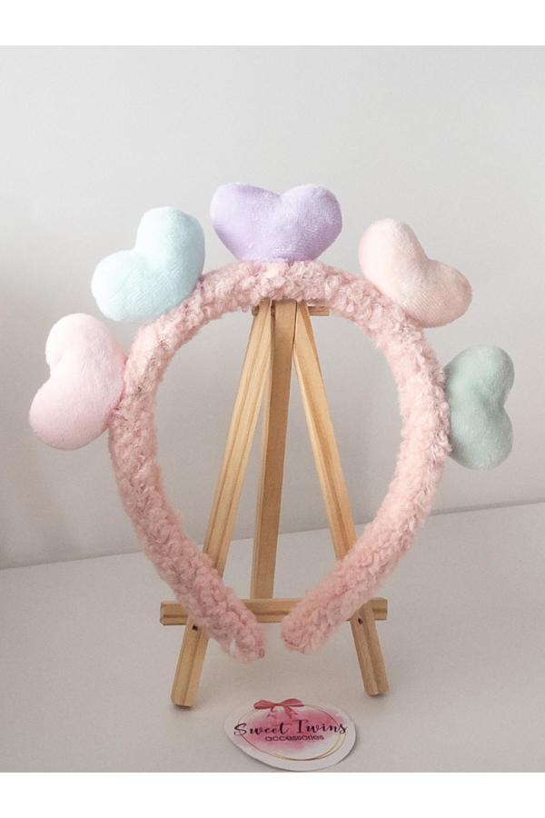 Sweet Twins Accessories Renkli Kalpli Pembe Çocuk Taç Peluş Çocuk Tacı - Image 1