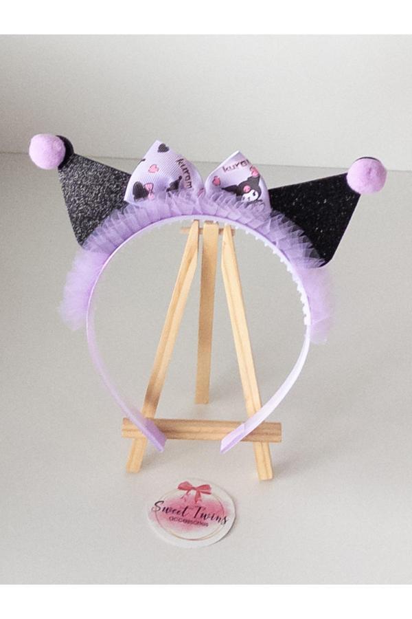 Sweet Twins Accessories Trend Kuromi Çocuk Taç Mor Siyah Kurdela Fiyonklu Ponponlu Çocuk Tacı - Image 1