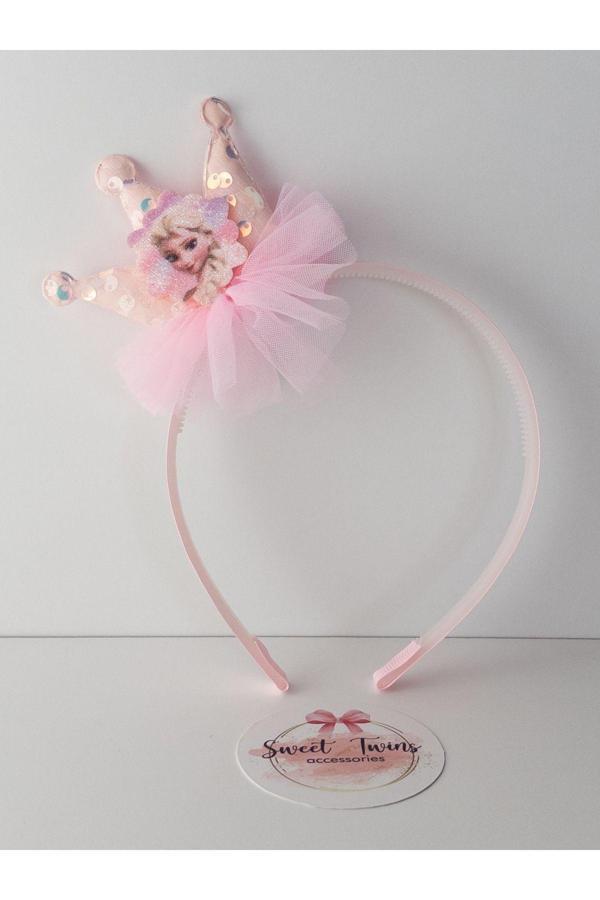 Sweet Twins Accessories Trend Pembe Elsa Çocuk Taç Tüllü Pullu Taçlı Çocuk Tacı - Image 1