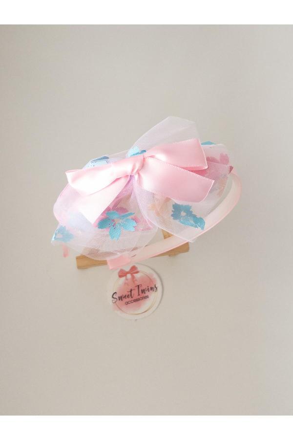 Sweet Twins Accessories Çiçek Desenli Pembe Çocuk Taç Tüllü Fiyonklu Çocuk Tacı - Image 1