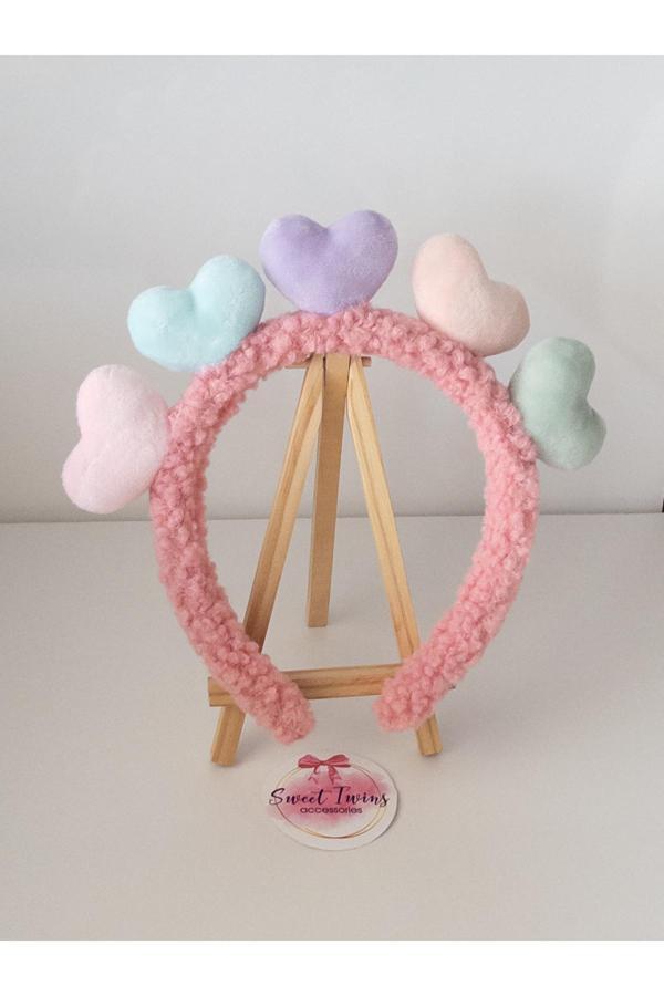 Sweet Twins Accessories Renkli Kalpli Pembe Çocuk Taç Peluş Çocuk Tacı - Image 1