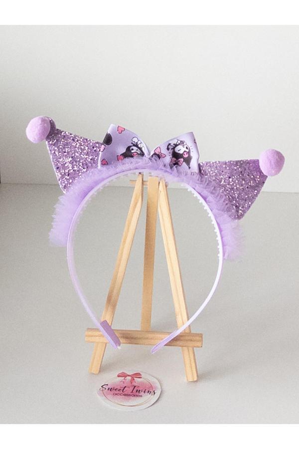 Sweet Twins Accessories Trend Kuromi Çocuk Taç Mor Kurdela Fiyonklu Ponponlu Çocuk Tacı - Image 1