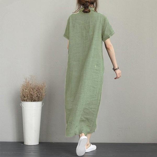 Keten Günlük Kısa Kol Tam Boy Yazlık Salaş Kadın Elbise - Image 1