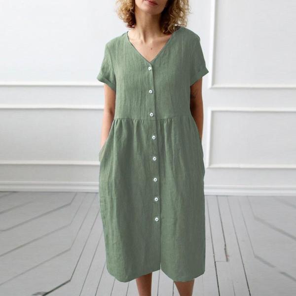 Keten Günlük Yazlık V yaka Kısa Kol Düğme Detaylı Kadın Elbise - Image 1