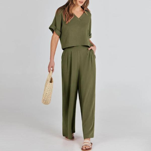 Zarif Kadin T-shirt ve Uzun Pantolon Alt Üst İkili Takım V Yaka Kısa Kollu Salaş Rahat Elbise - Image 1