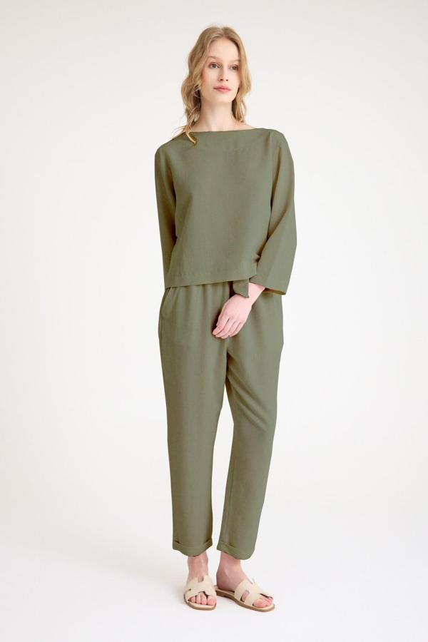 Keten Günlük Rahat Beli Kemerli Kadın İkili Takım Haki Alt Üst - Image 1