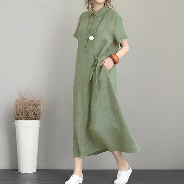 Keten Günlük Kısa Kol Tam Boy Yazlık Salaş Kadın Elbise - Image 1