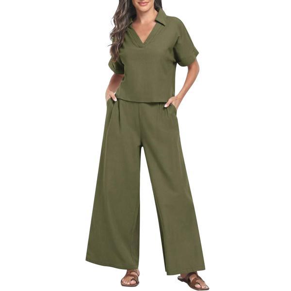 Zarif Kadin T-shirt ve Uzun Pantolon Alt Üst İkili Takım V Yaka Kısa Kollu Salaş Rahat Elbise - Image 1