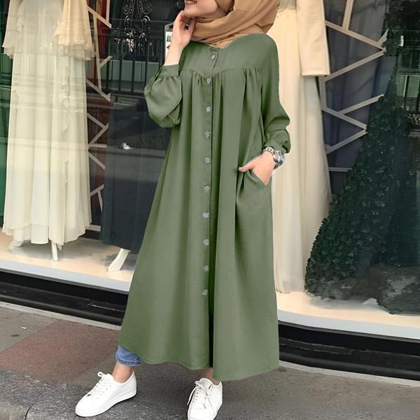 Keten Günlük Yazlık Tasarım Gömlek Kadın Elbise Büzgülü - Image 1