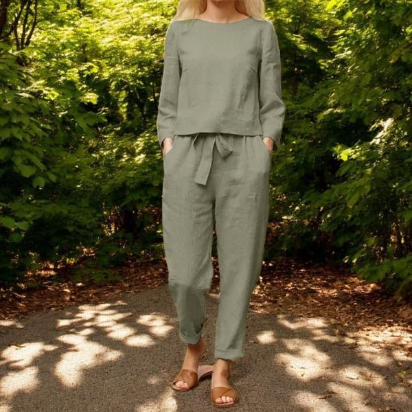 Kemerli Kadın İkili Takım Alt Üst Keten Günlük Rahat Beli - Image 1