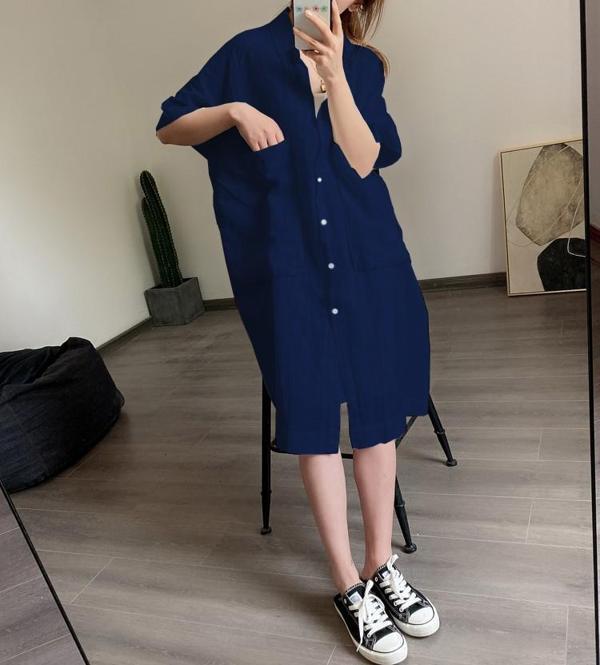 Keten Günlük Cep Detaylı Salaş Kadın Elbise - Image 1