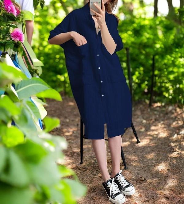 Yazlık Cep Detaylı Şık Keten Elbise - Image 1