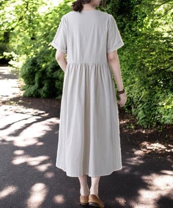 Yazlık V Yaka Beli Büzgülü Rahat Keten Elbise - Image 1