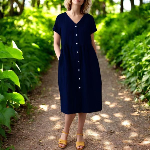 Yazlık Kısa Kol V Yaka Keten Elbise - Image 1