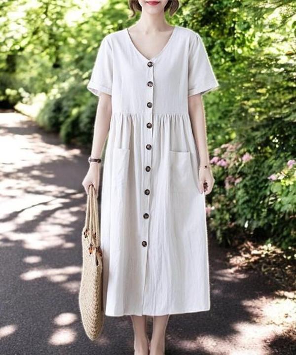 V Yaka Rahat Keten Elbise - Image 1