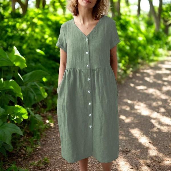 V Yaka Kısa Kol Keten Elbise - Image 1