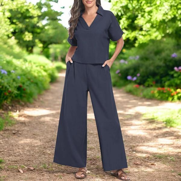 Yazlık V Yaka Rahat Keten Takım - Image 1