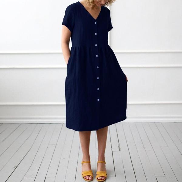 Keten Günlük Yazlık V yaka Kısa Kol Düğme Detaylı Kadın Elbise - Image 1
