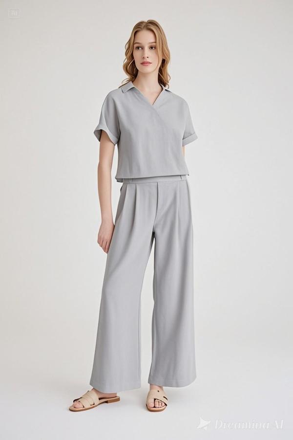 Keten Zarif Kadin T-shirt ve Uzun Pantolon Alt Üst İkili Takım V Yaka Kısa Kollu Salaş Rahat Gri Elbise - Image 1