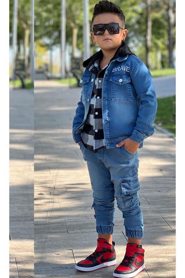 Erkek Çocuk Ekose Kapşonlu Siyah Oduncu Gömlek Sırtı Tiger Desen Ceket Kot Alt Üst Takım - Image 1