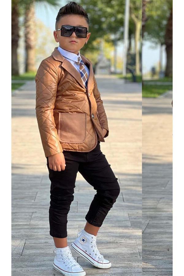 Erkek Çocuk Klasik Gömlek Kravatlı Kapitone Taba Mont Slim Pantolon Kesim Pantolon Alt Üst Takım - Image 1