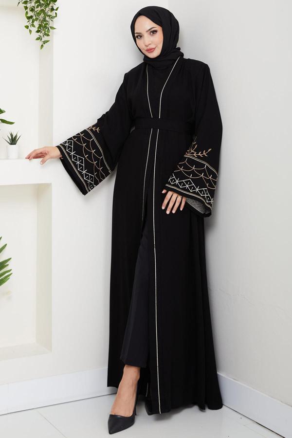 Nakışlı Kuşaklı Abaya Siyah HM2852 - Image 1