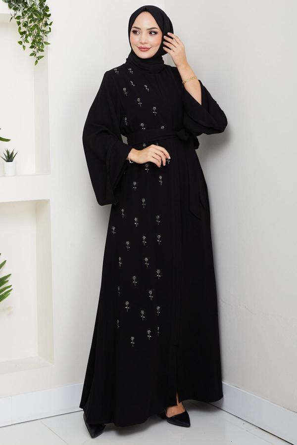 Kuşaklı Çiçek Taşlı Ferace Siyah HM2853 - Image 1