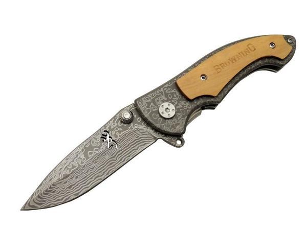 Browning 2-31 Damascus Kamp Çakı 19,5cm - Yarı Otomatik, Ahşap; Metal Sap - Image 1