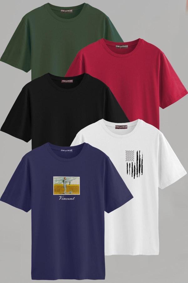 Vien&Karl Erkek Desenli-Düz Karışık Slim Fit Bisiklet Yaka Pamuk Elastan 5'Li Basic Tişört - Image 1