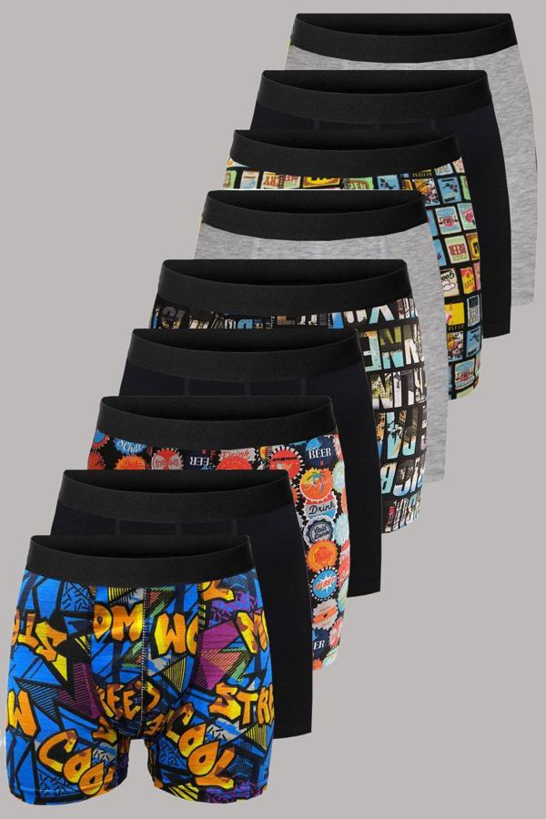 Deean Desenli Düz Karışık Erkek 9'Lu Paket Pamuklu Boxer - Image 1
