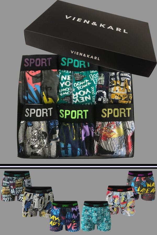 Vien&Karl Erkek Desenli 6’Lı Premium Penye Kutu Pamuklu Likralı Boxer - Image 1