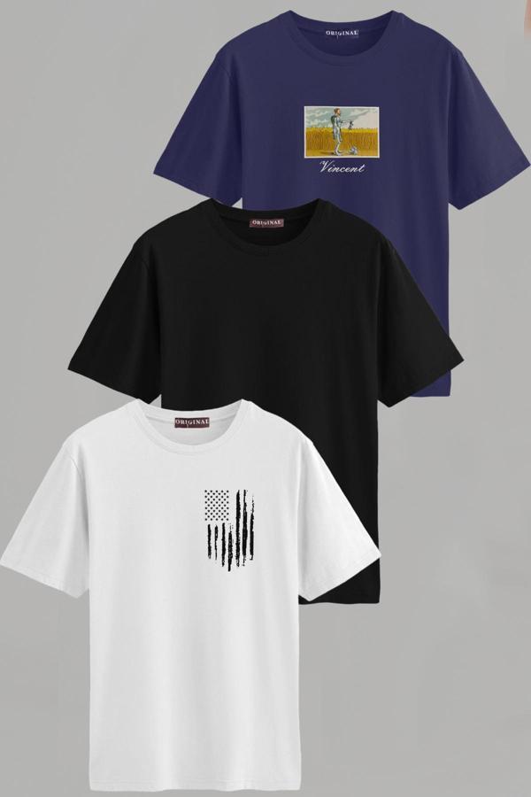 Vien&Karl Erkek Desenli-Düz Karışık Slim Fit Bisiklet Yaka Pamuk Elastan 3'Lü Basic Tişört - Image 1