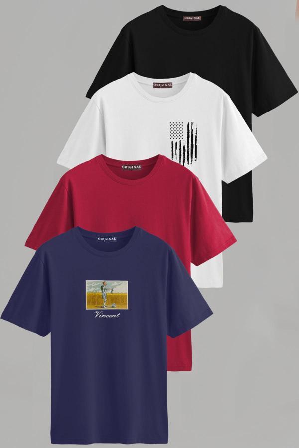 Vien&Karl Erkek Desenli-Düz Karışık Slim Fit Bisiklet Yaka Pamuk Elastan 4'Lü Basic Tişört - Image 1