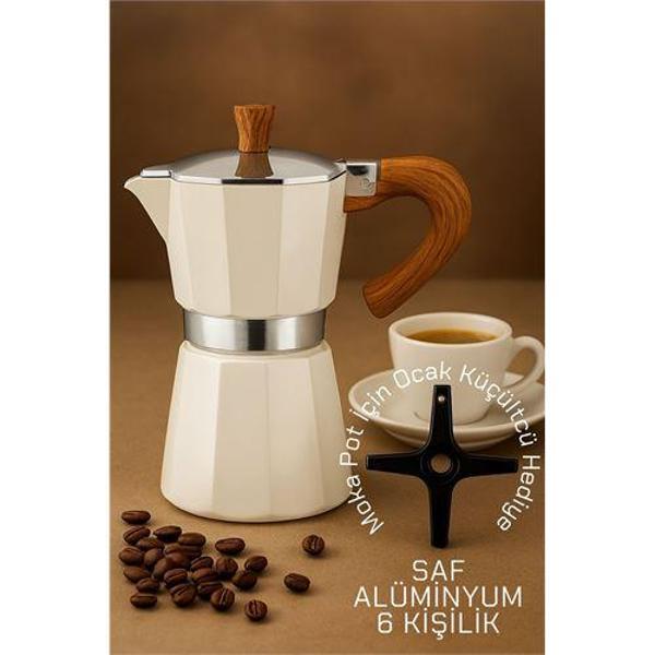 Italyan Moka Pot - 6061 Saf Alüminyum  Ahşap Saplı - 6 kişilik KREM - Image 1
