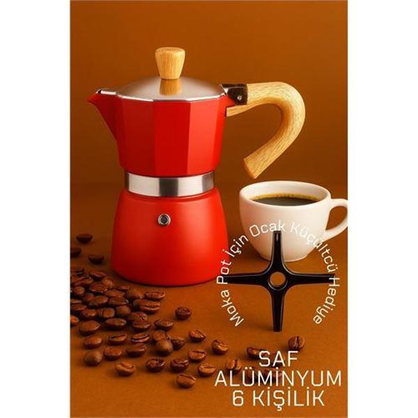 Italyan Moka Pot - 6061 Saf Alüminyum  Ahşap Saplı - 6 kişilik KIRMIZI - Image 1