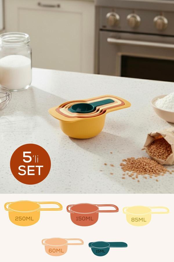 5’li Renkli Ölçü Kaşığı Seti Toprak Renkli – (15-60-85-150-250 ml) | Mutfak Ölçü Seti - Image 1