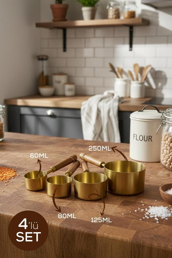 Ahşap Saplı 4 Parça Ölçü Kabı Seti | Dekoratif ve Fonksiyonel Metal Ölçü Kabı Takımı - Image 1