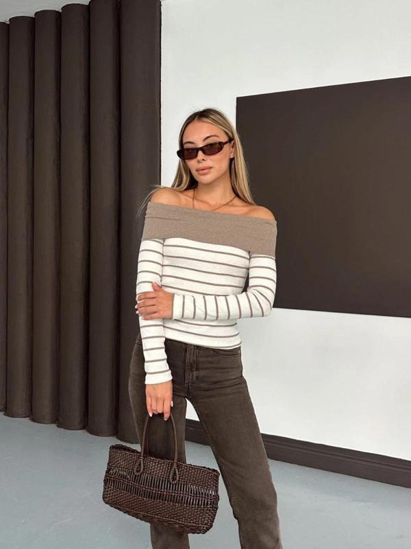 BİÇOMİ Çizgili madonna yaka kaşkorse bluz bej a844 - Image 1