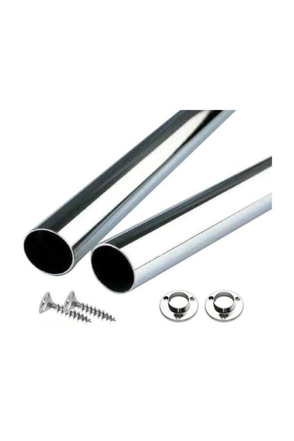 Almix Krom Kaplama 70 Cm Uzunluk Dolap Içi Boru Askı Borusu + 2 Adet Flanş + Vidaları - Image 1