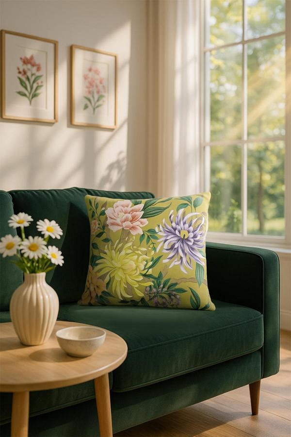 Kadife Çiçekli Kırlent Kılıfı Yeşil Pembe V1 50x50 - Image 1